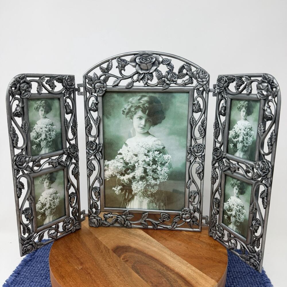 Victorian Pewter Tri-Fold Hinged Roses Floral 5 Picture Frame 5 x 7 2 x 3